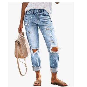 KUNMI Women's Ripped Mid Waisted Boyfriend Jeans Loose Fit Distressed Stretchy